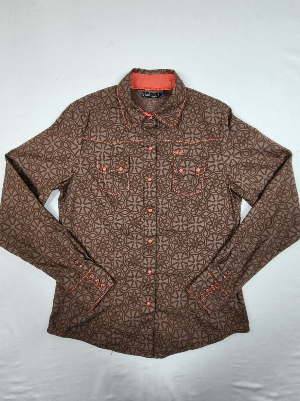 Cruel Girl Womens Medium Western Snap Button Shirt Brown Floral Geometric Print
